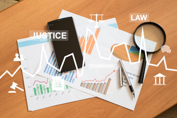 Virtual Chart on the background of law and justice documents.