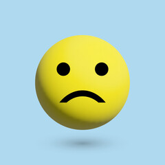3D sad emoticon, vector. 3D sad smiley yellow color with a shadow on a blue background.