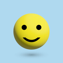 3D cheerful emoticon, vector. 3D cheerful smiley yellow color with a shadow on a blue background.