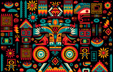 Fototapeta premium LINDO PATRON SOBRE CULTURA MAYA Y NATURALEZA GEOMETRICO COLORES BRILLANTES AZUL NARANJA, PERFECTO PARA TEXTIL, EMBAJALE,PEPEL TAPIZ ILUSTRACION VECTORIAL.