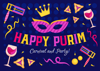 Purim party poster with crown and funny mustache mask, text, confetti and decorative stars, vector banner, invitation, template, greeting card.