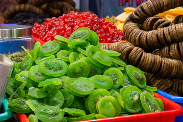 Hip of delicious dry kiwi and mangoes from Afghan at counter of dry fruits snacks items at Industrial trade fair in Kolkata, West Bengal, India.
