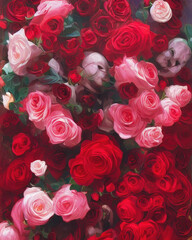 Red roses as background, generative ai. Beautiful blooming flowers as Valentine's day design element.