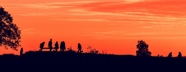 Fototapeta na wymiar Group of young people enjoying beautiful summer sunset on a hill, silhouette of back lit male and female teenagers with orange sky in background