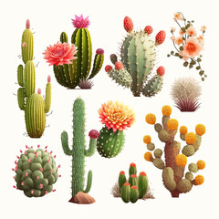 Cute cactuses, succulents and desert plants with flowers isolated on white background. Isolated on background. Cartoon vector illustration