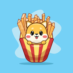 Cute Shiba Inu in Friench Fries Box Cartoon Vector Icon Illustration. Animal Nature Icon Concept Isolated Premium Vector. Flat Cartoon Style