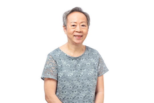 Happy Senior Asian Woman Looking At Camera With Smile, Wearing Lace Tshirt Isolated On White Background