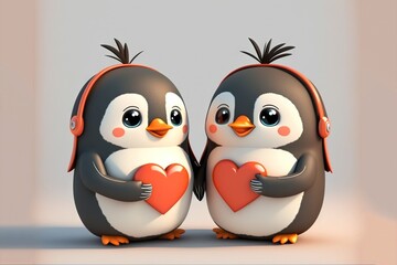 Cute penguin couple in love Valentine's Day illustration generative ai
