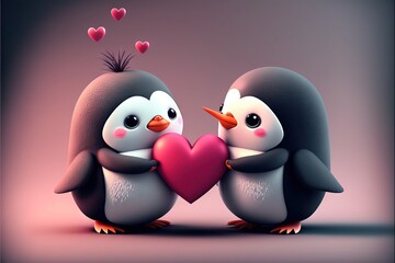 Obraz premium Cute penguin couple in love Valentine's Day illustration generative ai