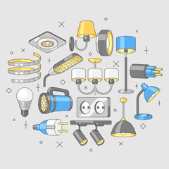 Background with electric lightings and lamps. Electrical equipment. Industrial or business design.