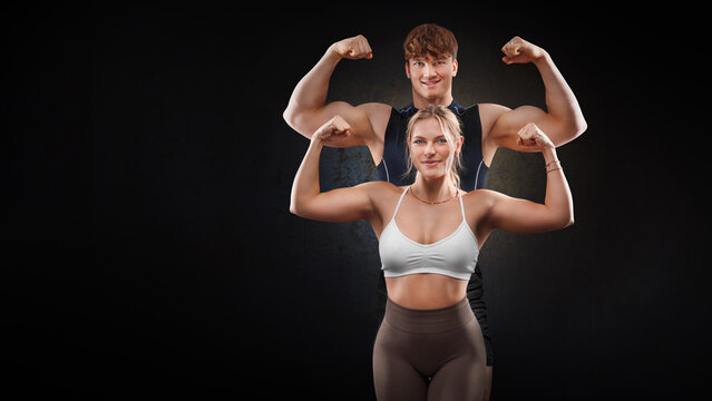 strong and young athletic couple poses for the camera show smiling biceps