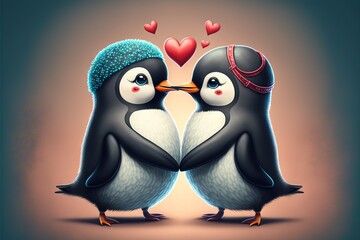 Fototapeta premium Cute penguin couple in love Valentine's Day illustration generative ai