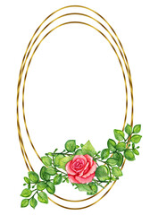 Golden frame with tropical flowers painted in watercolor. Flowers frame with golden lines and set of elements.