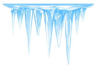 Blue frozen icicle cluster hanging down from snow-covered ice surface, big quality detailed group of icicles isolated, carefully drop the icicles