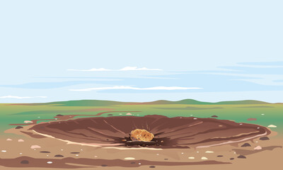 Asteroid crater with cracks and stones at the bottom landscape background, large hot asteroid lies in center of crater on field in day, nature disaster concept illustration background © Oceloti