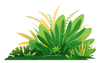 Decorative small composition of jungle plants on ground, group of green plants on the sunny lawn isolated, dense vegetation of the jungle