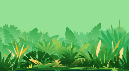 Wild jungle forest plants, nature landscape with green jungle foliage and shrubs growing on ground, horizontal banner with wild tropical plants on sunny day