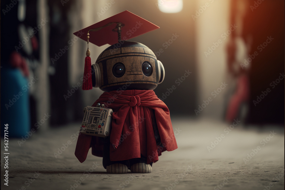 Wall mural little cute robot wearing a red graduation cap and gown, beautiful big eyes, technological progress,