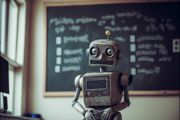 robot student at a school lesson answers near the blackboard, tells educational material, technological progress, cartoon style, robot schoolboy, android student, near future, art created by ai