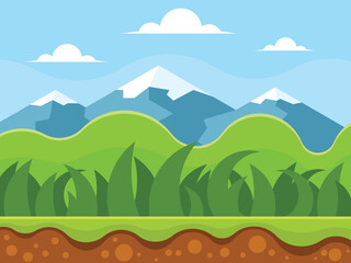 Game background with mountains, hills, green grass, blue sky and clouds. Vector graphics