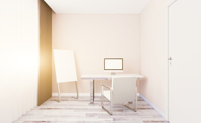 Elegant office interior. Mixed media. 3D rendering.. Sunset.