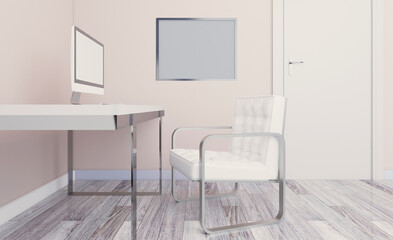 Modern office building interior. 3D rendering.. Blank paintings.  Mockup.