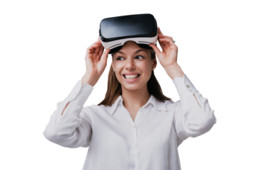 Young cheerful female student in white shirt using vr glasses  standing against transparent background. Girl using virtual reality. Education and fun. Smiley businesswoman satisfied, break time.
