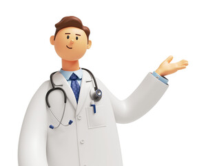 Obraz na płótnie Canvas 3d render. Human doctor cartoon character with stethoscope, looking at camera. Professional recommendation. Medical presentation