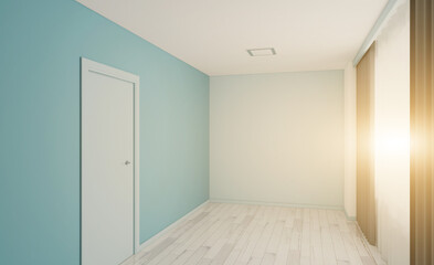 Sunset.. Open space office interior with like conference room. Mockup. 3D rendering.