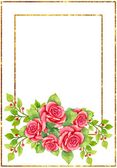 Golden frame with tropical flowers painted in watercolor. Flowers frame with golden lines and set of elements.