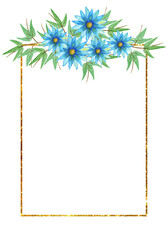 Golden frame with tropical flowers painted in watercolor. Flowers frame with golden lines and set of elements.