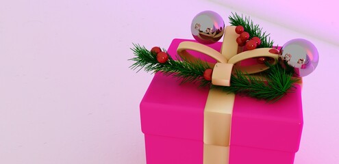 Pink paper giftbox with yellow ribbon bow isolated on white background. 3d rendering.
