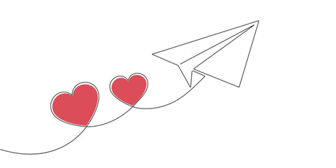 Lovers hearts.Paper airplane is flying.One line drawing.Vector illustration .