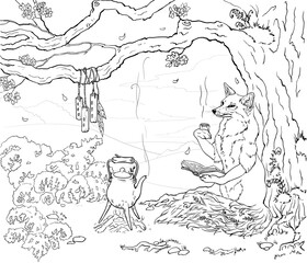 Fototapeta na wymiar linear drawing of a fox from a fairy tale. High quality illustration