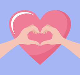 Two hands showing a heart sign on purple background with big pink heart. Flat vector illustration