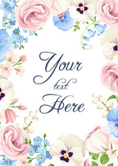 Greeting or invitation card design with pink, blue, and white pansy flowers, lisianthus flowers, harebells, and forget-me-not flowers. Vector floral background frame
