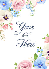 Greeting or invitation card design with pink, white, and blue spring flowers: pansy flowers, lisianthus flowers, harebells, and forget-me-not flowers. Vector floral background