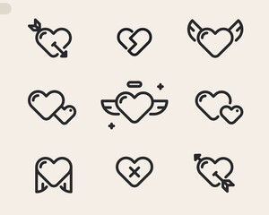 Heart icon set. Winged heart, broken and different feelings