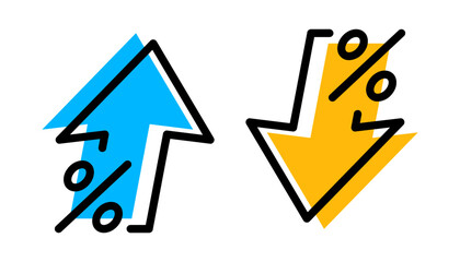 Percent with arrows up and down. Arrow with percentage icon. Increasing and reduction percentage. Growing and decline percent. Element for business, banking, credit, interest rate, finance sphere