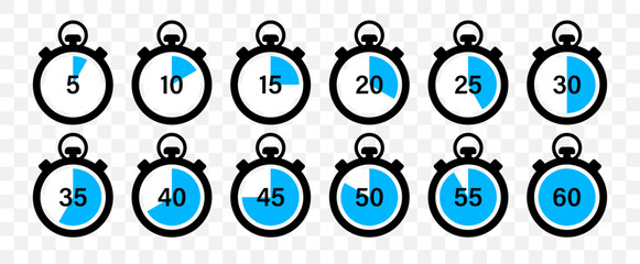 Timer and stopwatch vector icons set. Countdown timer vector icons. Time management. Deadline, punctuality and time management and optimization Countdown 5, 10, 20, 30, 60 minutes. Vector illustration