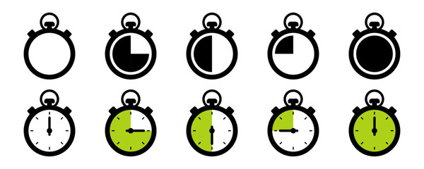 Timer and stopwatch vector icons set. Countdown timer vector icons. Time management. Deadline, punctuality and time management and optimization Countdown 5, 10, 20, 30, 60 minutes. Vector illustration