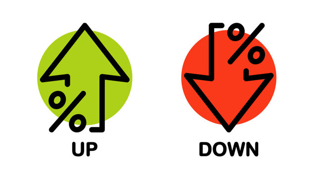Percent with arrows up and down. Arrow with percentage icon. Increasing and reduction percentage. Growing and decline percent. Element for business, banking, credit, interest rate, finance sphere
