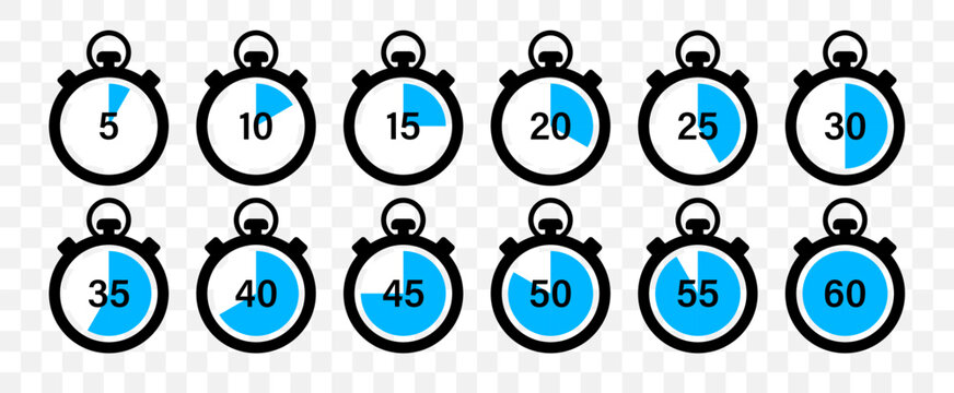 Timer and stopwatch vector icons set. Countdown timer vector icons. Time management. Deadline, punctuality and time management and optimization Countdown 5, 10, 20, 30, 60 minutes. Vector illustration