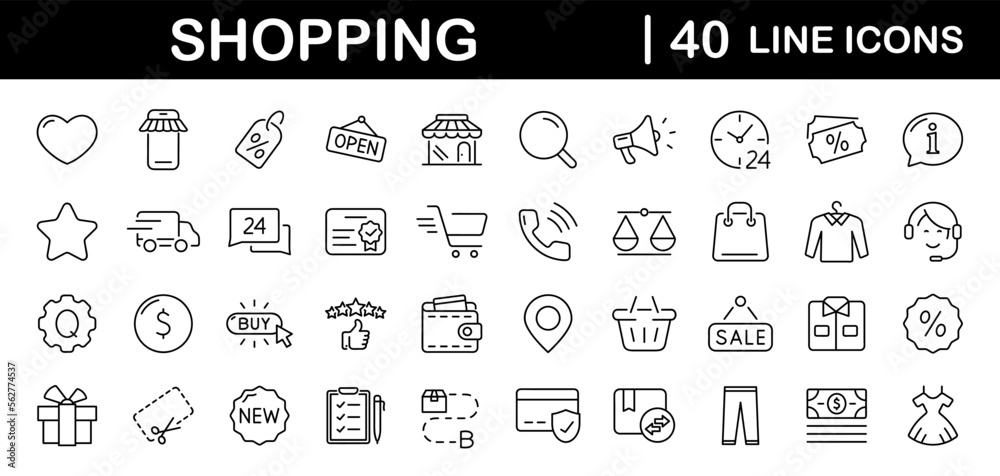 Aufkleber E-commerce and shopping set of web icons in line style. Shop icons for web and mobile app. Black Friday. Sale discount, mobile shop, digital marketing, delivery, bank card, gifts. Vector illustration