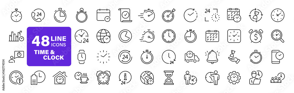 Fototapete Time and Clock set of web icons in line style. Time management. Timer, Speed, Date, Countdown, Alarm, Recovery, Time, clock, watch, calendar simple icons for web and mobile app. Vector illustration