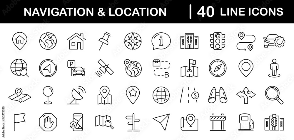 Poster navigation and location set of web icons in line style. map location and navigation icons for web an