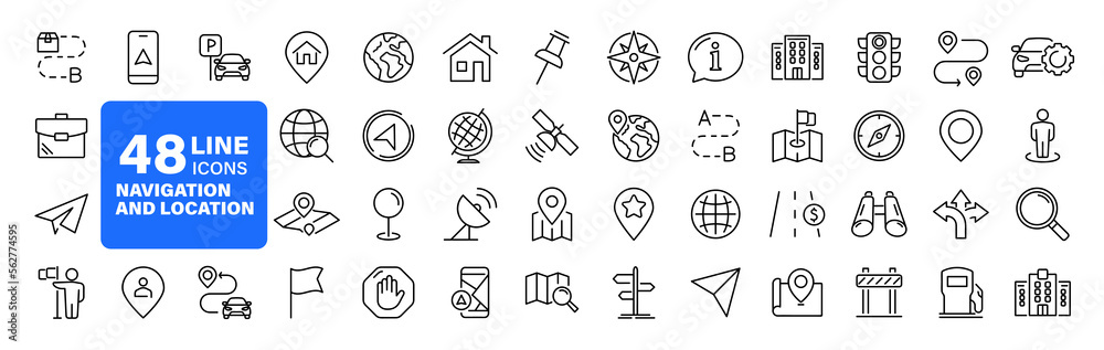 Poster navigation and location set of web icons in line style. map location and navigation icons for web an