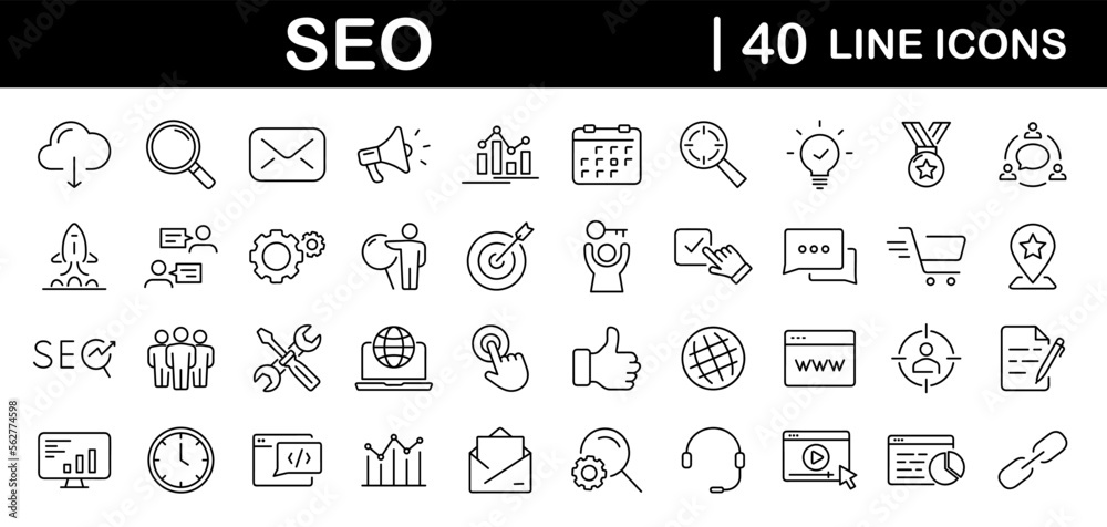 Fototapete SEO Optimisation set of web icons in line style. Search Engine Optimization. Business, traffic, optimization, target. Search Engine and Marketing icons for web and mobile app. Vector illustration