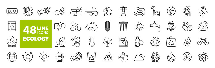 Ecology and Environment set of web icons in line style. Ecology and Energy icons. Eco friendly. Electric car, global warming, renewable energy, organic farming. Vector illustration
