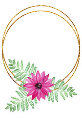 Golden frame with tropical flowers painted in watercolor. Flowers frame with golden lines and set of elements.